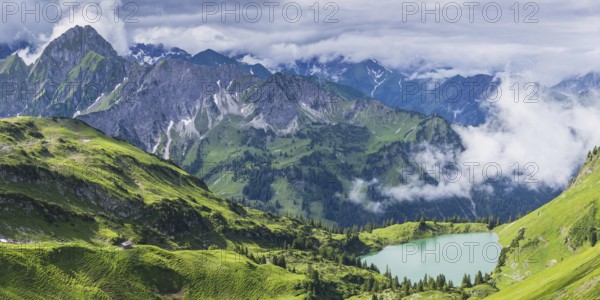 Panorama from Zeigersattel to Seealpsee, on the left behind the Höfats 2259m, Allgäu Alps, Allgäu, Bavaria, Germany, Europe