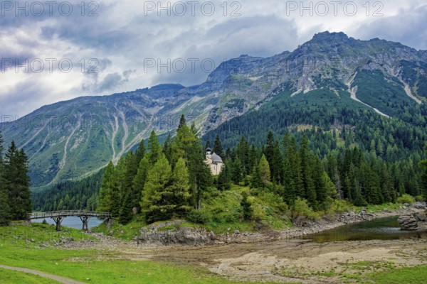 Lake chapel Maria am See, Obernberger See, mountain lake, landscape of the Stubai Alps, weather mood, Obernberg am Brenner, Tyrol, Austria, Europe