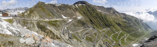 Panoramic view of east ramp north ramp to ascent from to 2757 2758 metres high pass road mountain pass Alpine pass with serpentines tight bends Stelvio Pass Stelvio, Stelvio, South Tyrol, Alto Adige, Italy, Europe