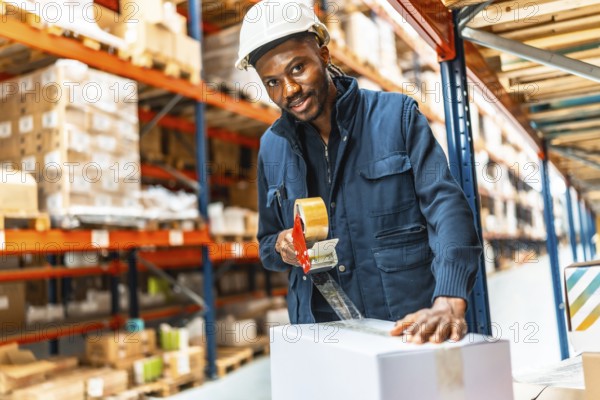 African man closing boxes of merchandise using a tape gun at a distribution warehouse