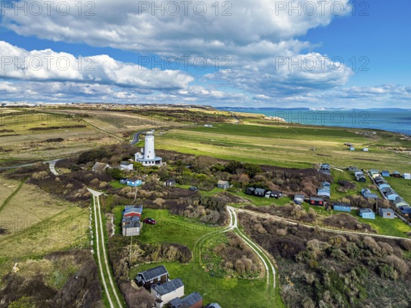 Portland Bird Observatory from a drone, Bill Lighthouse, Portland Bill, Isle of Portland, Dorset, England, United Kingdom, Europe