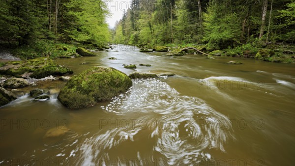 European beech trees shedding leaves, in the foreground moss-covered stones on the river Sihl, Sihlsprung, Menzingen, Canton Zug, Switzerland, Europe