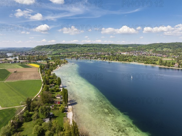 Aerial view of Lake Rhine, Untersee, Lake Constance, near Eschenz, on the right the Höri peninsula with the village of Öhningen, on the left on the horizon the town of Stein am Rhein, Canton Thurgau, Switzerland, Europe