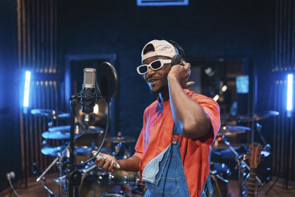 Talented musician wearing trendy clothes, holding smartphone and adjusting headphones while recording vocals for new album in music studio