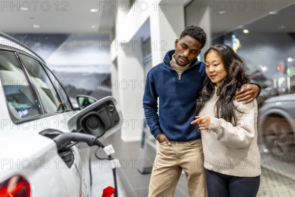 Multiethnic couple examining charging port of electric vehicle at car dealership, embracing sustainable transportation