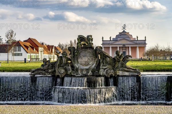 The large cascade in the palace park and the Ludwigslust town church, Mecklenburg-Vorpommern, Germany, Europe