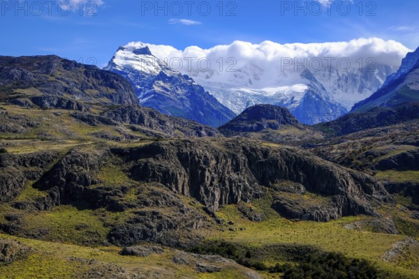 El Chaltén, Patagonia, Argentina, El Chaltén with a view of the Fitz Roy massif. El Chaltén offers the most direct access to the mountain massifs of Cerro Torre and Fitz Roy. The trekking resort is located 222 kilometres north of El Calafate, on the border with Chile, South America