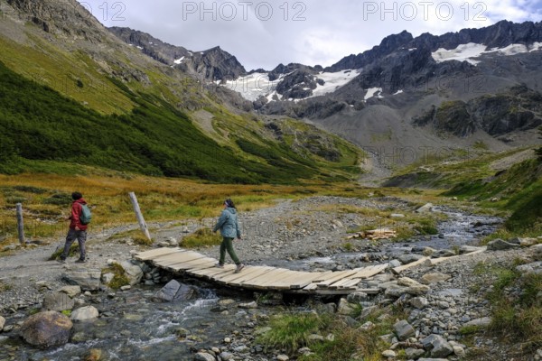 Ushuaia, Tierra del Fuego, Argentina, hiking trail to the Martial glacier on Cerro Martial, Ushuaia's local mountain. Ushuaia is the southernmost city in the world, the end of the world, South America