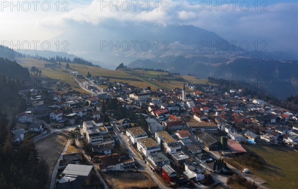 Drone image, view of the village with parish church, Patsch, Tyrol, Austria, Europe