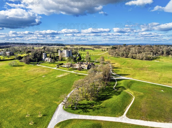 Lulworth Castle from a drone, Lulworth Estate, Camp Bestival, East Lulworth, Dorset, England, United Kingdom, Europe