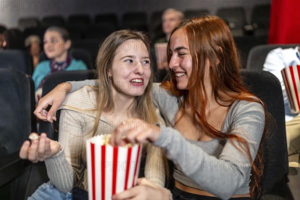 Two female friends enjoying a movie night, sharing popcorn and laughs, creating a joyful and memorable cinema experience