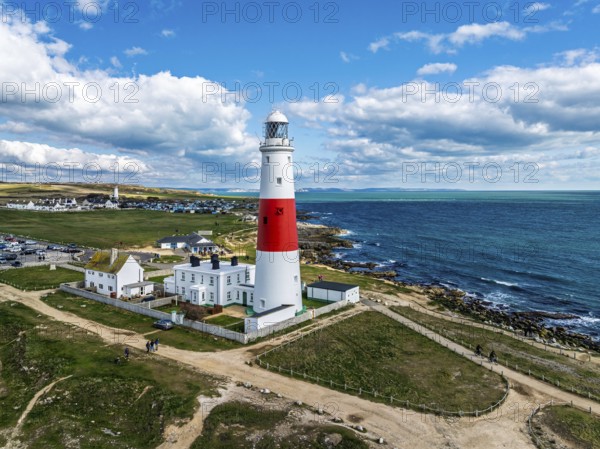 Portland Bill Lighthouse from a drone, Portland Bill, Isle of Portland, Dorset, England, United Kingdom, Europe