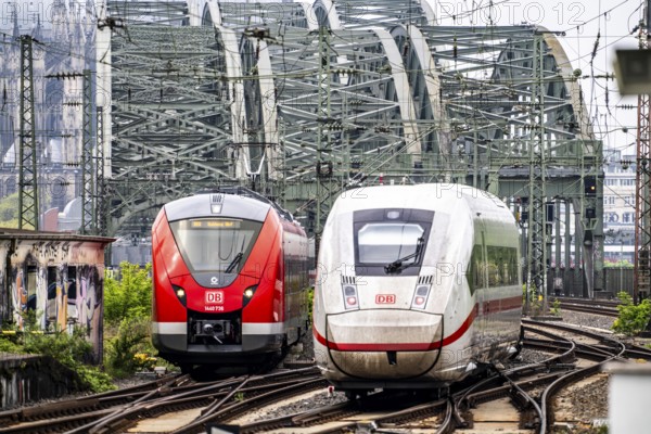 Rail traffic on the line between Cologne Central Station and Cologne-Deutz, Hohenzollern railway bridge over the Rhine near Cologne, North Rhine-Westphalia, Germany, Europe