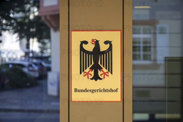 Karlsruhe, Baden-Württemberg, Germany, Federal Court of Justice, sign with the Federal Eagle emblem and lettering in front of the Federal Court of Justice building, Europe