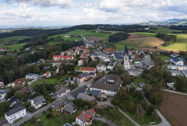 Drone image, view of village with church, Aschach an der Steyr, Traunviertel, Upper Austria, Austria, Europe
