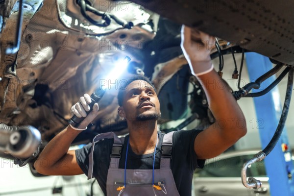 Young mechanic using flashlight, inspecting underside of vehicle raised on lift in professional garage
