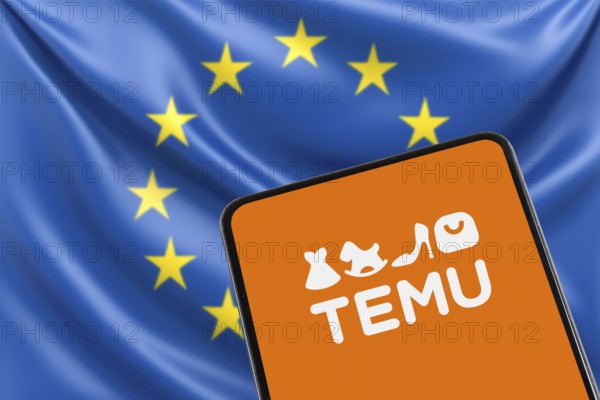 Temu logo online marketplace from China with EU European Union flag online trading ecommerce on a mobile phone in Stuttgart, Germany, Europe