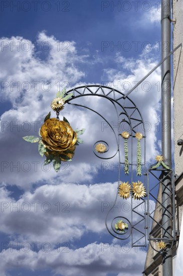Nose sign of the Hotel Rose, 18th century, Rosenstraße 6, behind the tower of the parish church of St Andrew, Weißenburg, Middle Franconia, Bavaria, Germany, Europe