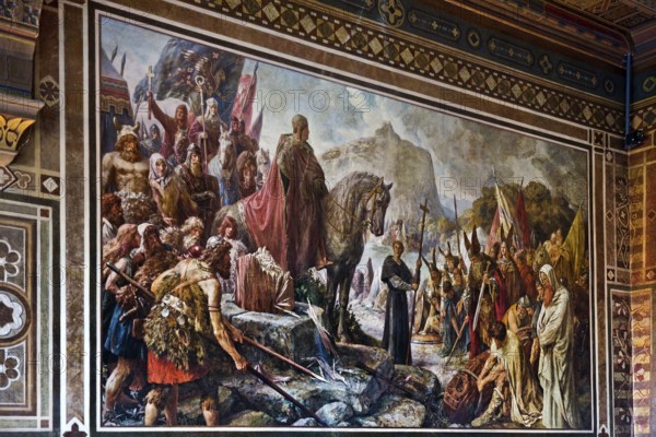 Charlemagne destroys the Irmin Column with grisailles in 772, mural by Hermann Wislicenus, Kaisersaal Goslar, Lower Saxony, Germany, Europe