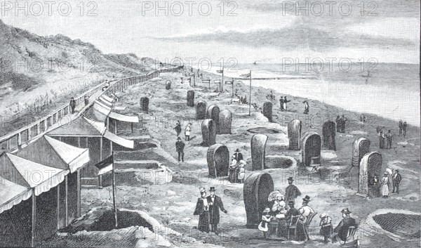 Southern part of the beach with walkway, North Sea, Sylt, around 1890, Germany, digital reproduction of an original 19th century model, historical, Many people enjoy their time on the beach under tent constructions on the coast, Europe