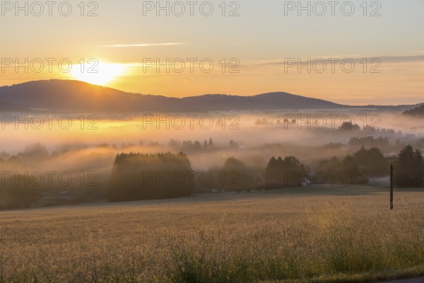 Oberlausitzer Bergland with fog at sunrise, view from Callenberg, Schirgiswalde-Kirschau, Saxony, Germany, Europe