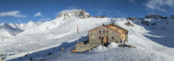 SAC Alpine Club hut in winter, Chamanna d'Es-cha, Pitz Blaisun, Albula Alps, Grisons, Switzerland, Europe