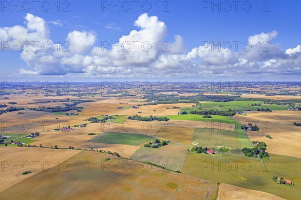 Aerial view over agricultural wheat fields, meadows, farmland and farms in Skåne län, Scania County, southernmost province of Sweden, Scandinavia