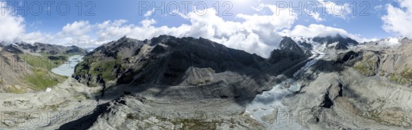 Aerial view, Alpine panorama, mountain landscape with glacier Glacier de Cheilon and summit Mont Blanc de Cheilon and Lac de Dix, Valais, Western Alps, Switzerland, Europe