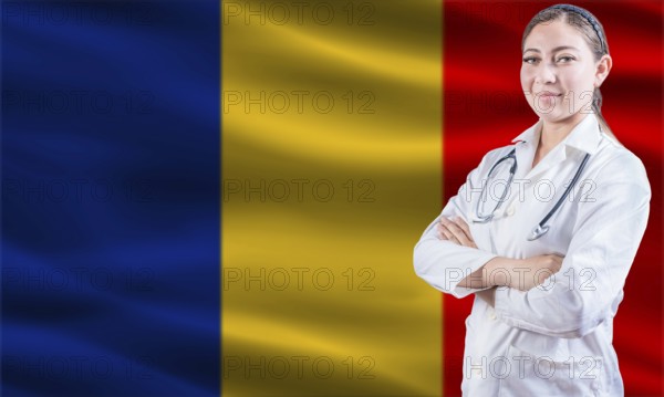 Female doctor on Romanian flag. Doctor with crossed arms on Romanian flag. Romania health and care concept