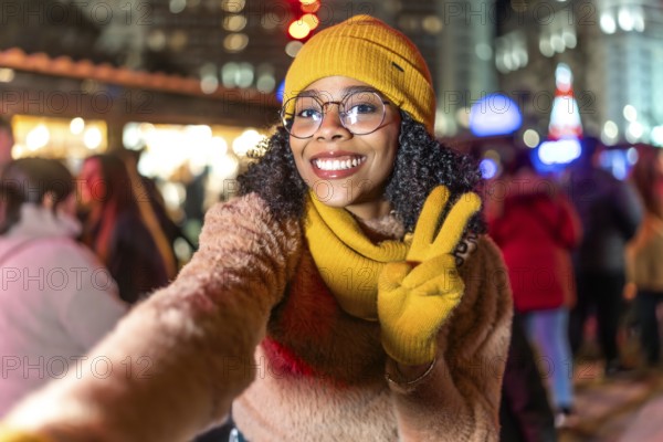 Smiling young woman wearing yellow winter clothes taking a selfie at a christmas market showing victory sign with her hand