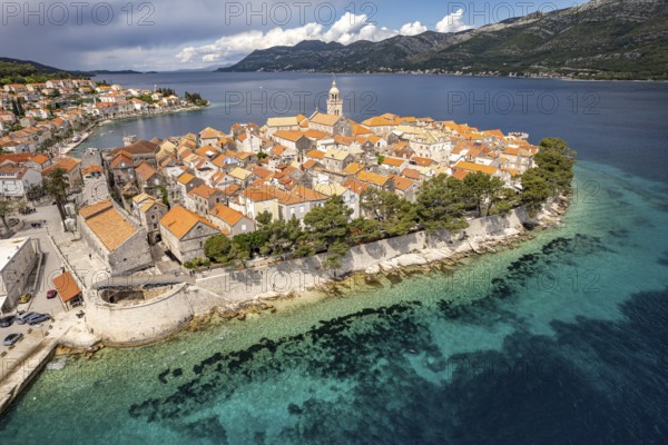 The old town centre of Korcula town seen from the air, Croatia, Europe