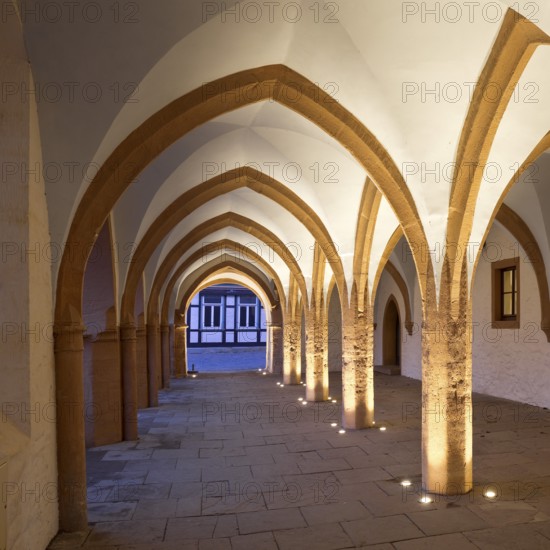 Open hall, arcade at the late Gothic town hall in Goslar in the evening, UNESCO World Heritage Site, Lower Saxony, Germany, Europe