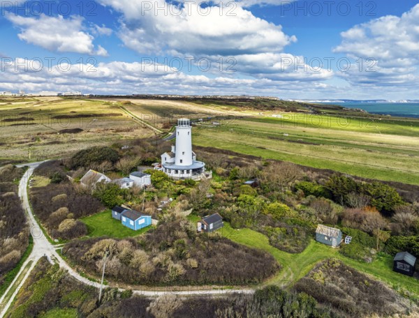 Portland Bird Observatory from a drone, Bill Lighthouse, Portland Bill, Isle of Portland, Dorset, England, United Kingdom, Europe