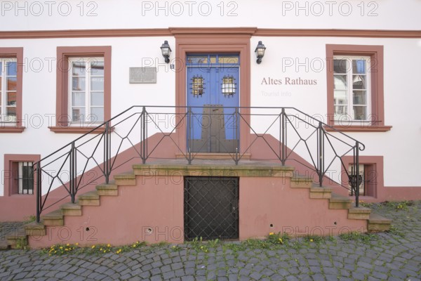 Entrance with staircase to the historic Old Town Hall built in 1717, inscription, red building, blue front door, Old Town Hall, Town Hall Square, Rathausplatz, Ottweiler, Saarland, Germany, Europe