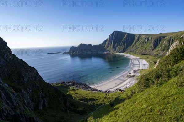 View of coastal landscape, cliffs with peak Måtind, Høyvika beach and sea, hike to the peak of Måtind, Andøya island, Vesterålen, Nordland Norway