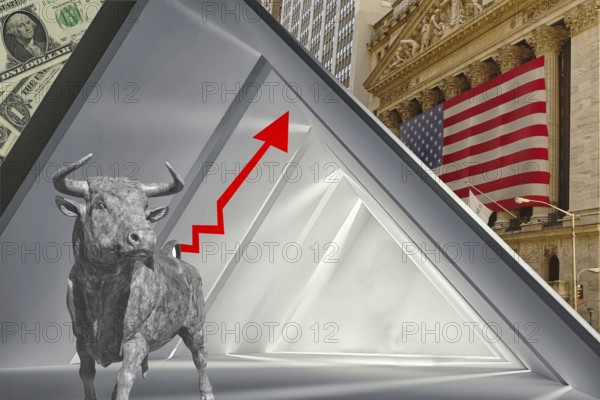 Symbolic image, bull stands for stock market boom, Wall Street and Dax upswing, President Trump's erratic decisions, global tariffs, share prices, euro, euro exchange rate, euro high, exchange rates, dollar parity, financial investment, recession worries, inflation, exports, raw materials and primary products in dollars, oil in dollars, world crisis, Ukraine war, Germany, loss of democracy, autocracy, China, Russia, Europe