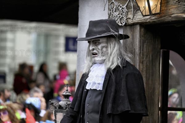 Person dressed up as a goth at the Wey guild on Rose Monday, Güdismäntig, Lucerne Carnival 2024, Lucerne, Switzerland, Europe