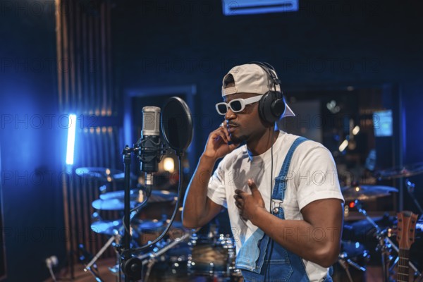 Young, stylish male artist passionately recording a song in a professional music studio, surrounded by modern equipment and vibrant lights