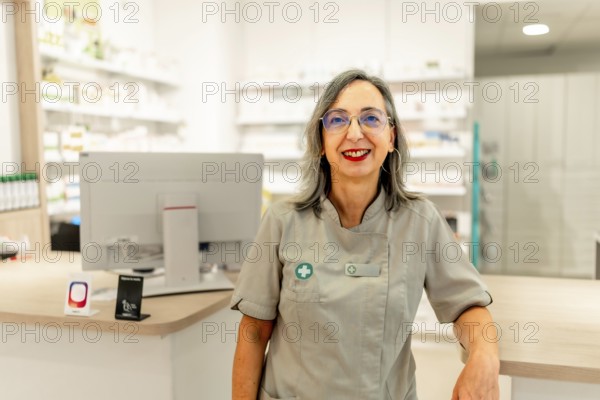 Portrait of a female pharmacist in uniform standing on the store