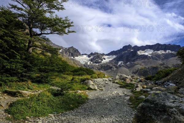 Ushuaia, Tierra del Fuego, Argentina, hiking trail to the Martial glacier on Cerro Martial, Ushuaia's local mountain. Ushuaia is the southernmost city in the world, the end of the world, South America