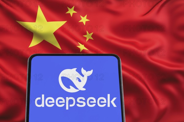 Deepseek Artificial Intelligence AI from China with Chinese flag on a mobile phone and website in Stuttgart, Germany, Europe