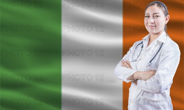 Female doctor on Irish flag. Doctor with crossed arms on Irish flag. Ireland health and care concept