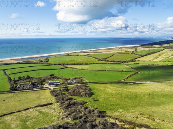 Farms over Swyre and West Bexington from a drone, West Bexington Nature Reserve, S W Coast Path, Dorchester, Dorset, England, United Kingdom, Europe