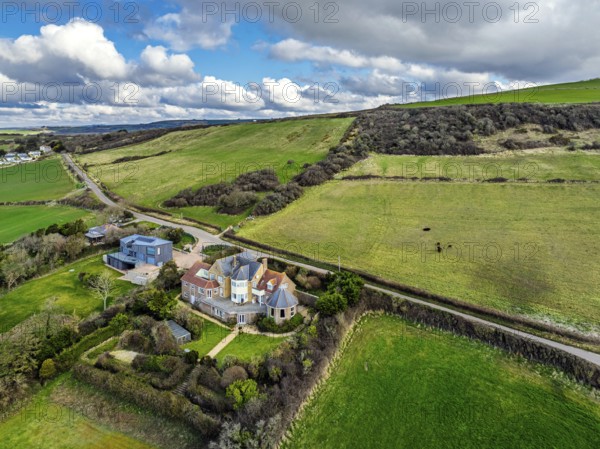 Farms over Swyre and West Bexington from a drone, West Bexington Nature Reserve, S W Coast Path, Dorchester, Dorset, England, United Kingdom, Europe