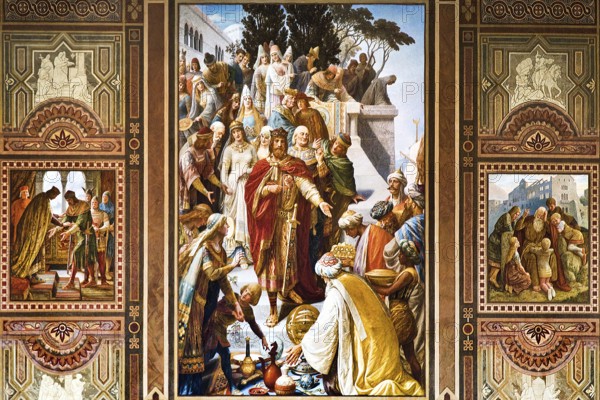 Left, Henry the Tall hands the imperial insignia to Frederick II in 1219, Centre, Court of Frederick II in Palermo, Right, An old man tells the youth about the great times of the imperial palace, Mural in the Kaisersaal Goslar by Hermann Wislicenus, Lower Saxony, Germany, Europe