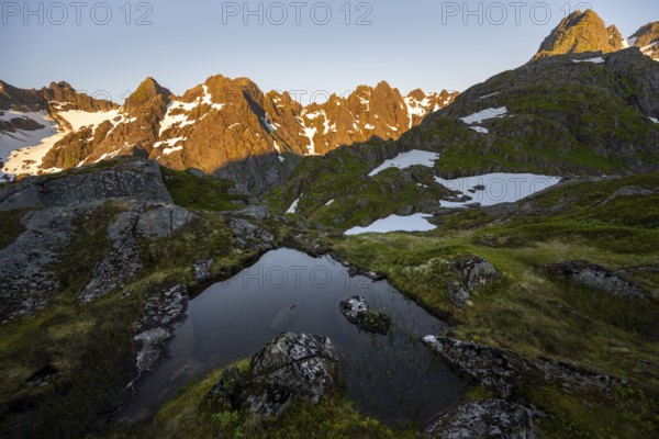 Rocky mountain peaks with reflection, small pond in moor landscape at Trollfjord Hytta, mountain landscape with alpenglow at sunrise, at Trollfjord, Lofoten and Vesterålen, Nordland, Norway, Europe