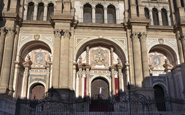 Main portal of the cathedral Santa Iglesia Catedral Basílica de la Encarnación in the evening light, Malaga, Spain, Europe