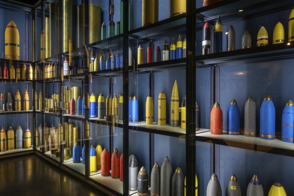 British and German WW1 colour coded artillery shells at WWI Passchendaele Museum about the Third Battle of Ypres, Zonnebeke, West Flanders, Belgium, Europe
