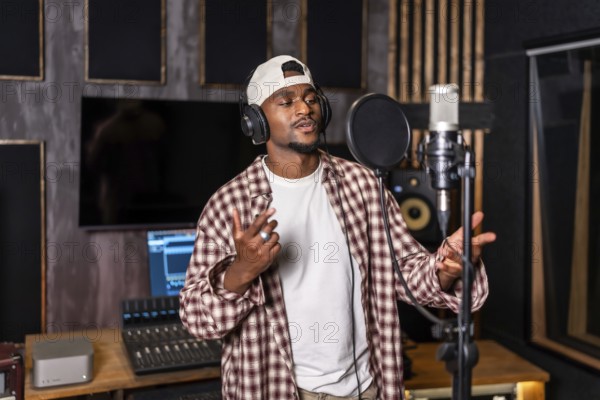 Young artist wearing headphones and singing into microphone while recording a song in professional music studio