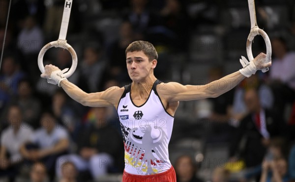 Timo Eder GER rings action gymnastics, EnBW DTB-Pokal, Porsche-Arena, Stuttgart, Baden-Württemberg, Germany, Europe